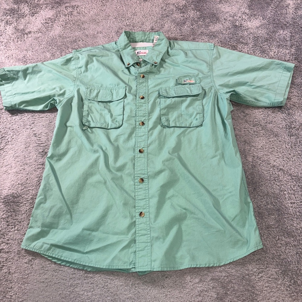 World Wide Sportsman Men Large Green Vented Fishing Shirt Short Sleeve Button Up